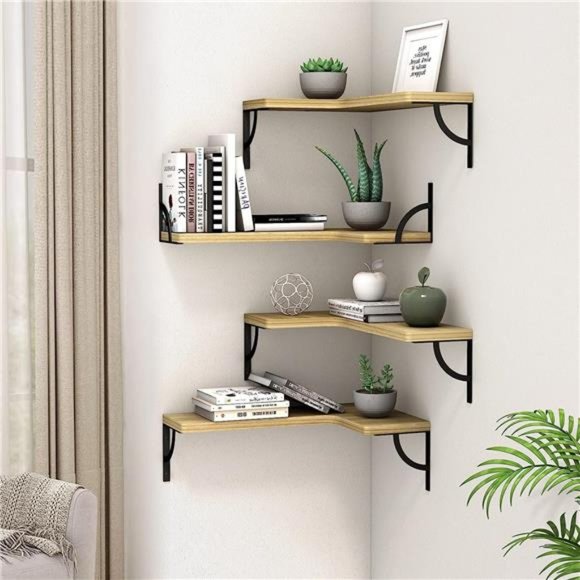 Corner Floating Shelves Wall Mounted Set of 4, Wood Display Storage Wall Shelves - Picture 4 of 5